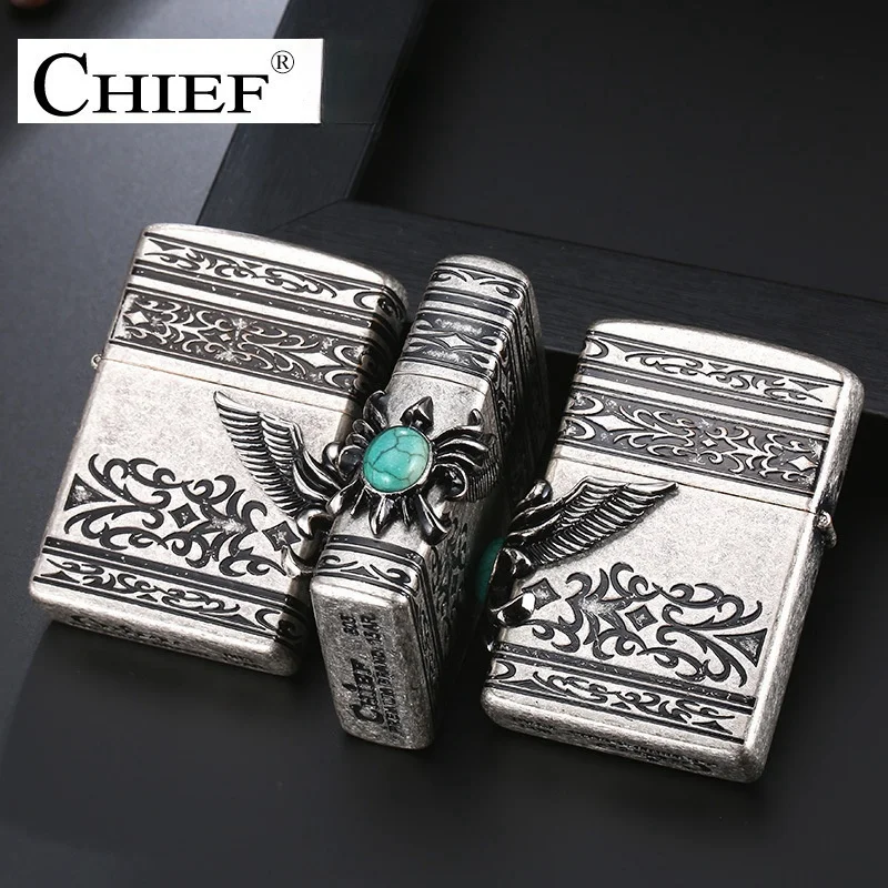 CHIEF Kerosene Lighter Personalized Sticker Retro Pattern Metal Antique Silver Double Plated Outdoor Men's High-end Gift