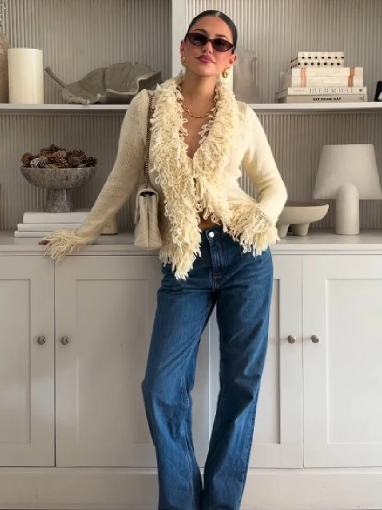 Elegant Cream Color V Neck Tassel Knit Cardigan Chic Open Front Long Sleeve Slim Casual Sweater Lady Autumn New Daily Outerwear