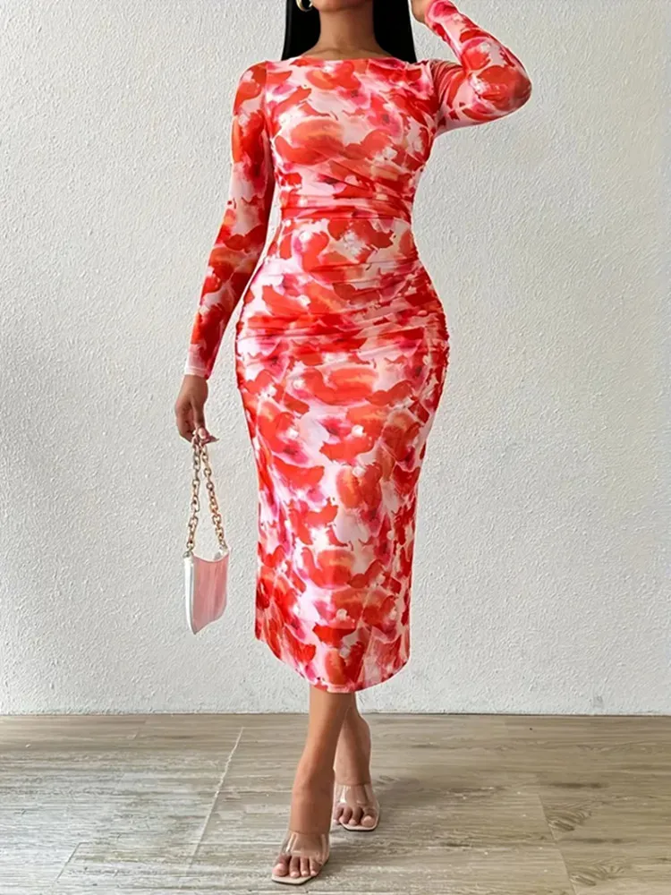 

SKMY 2026 Spring And Autumn Women's Clothing Fashion Printed Slim Fit Long Dresses Elegant Eveing Party Dress Temperament