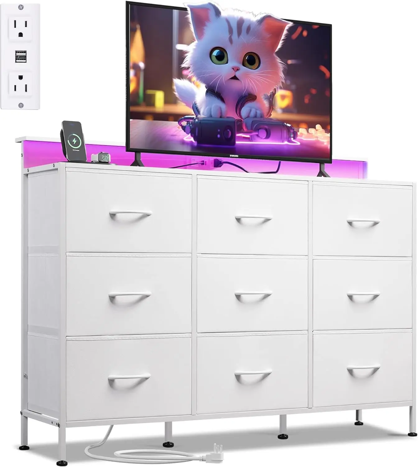 

Белая тумба под телевизор для телевизоров 45-55 дюймов с LED-подсветкой, зарядной станцией, 9 тканевыми ящиками и открытыми полками для гостиной