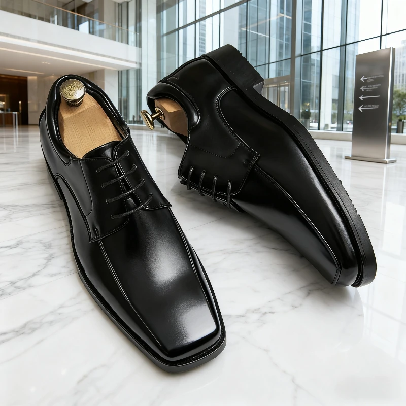 

High Quality Men's Leather Dress Shoes Fashion Square Toe Lace Up Business Casual Flat Shoes Italian Designer Men Moccasins