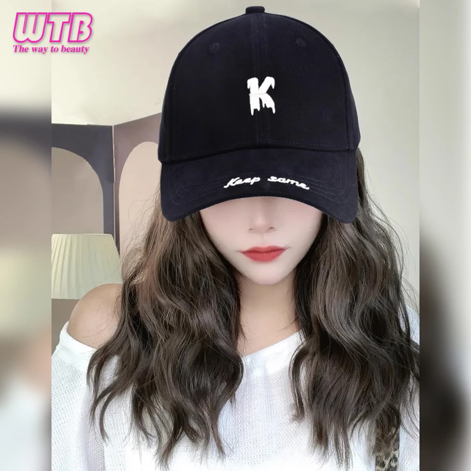 Hat Wig for Women 12 Inches Wave Baseball Cap Wig with Curly Hair Extensions Wig Synthetic Wave Wig Hat Adjustable Black-Brown