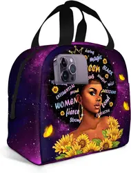 African American Women Lunch Bag Reusable Black Women Magic Insulated Lunch Box Portable Tote Bag for Women Travel Hiking Gifts