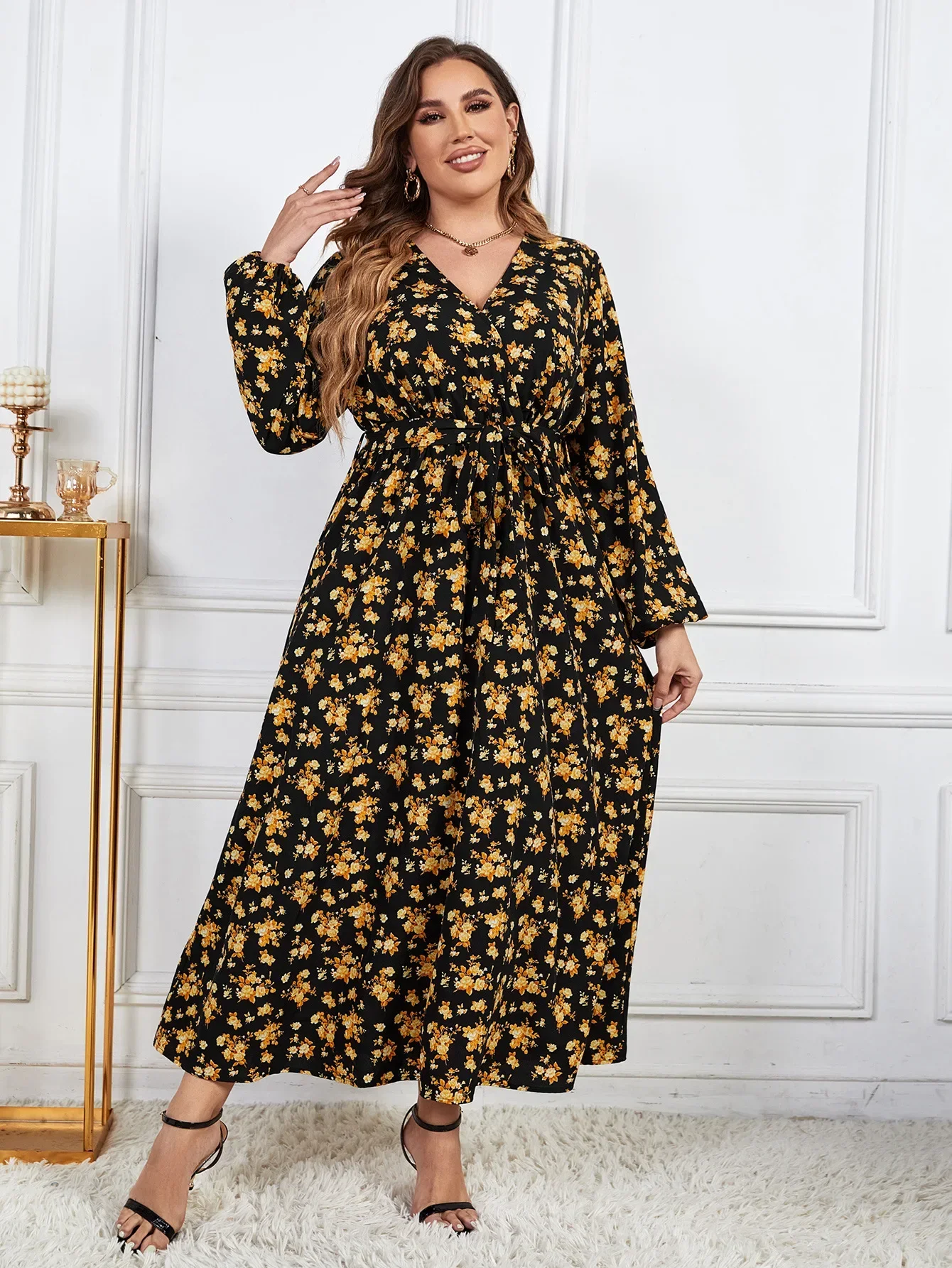 Plus Size Wrap V Neck Women\'s Long Sleeve Dress Drawstring Waist Belt Robe Floral Print Female Autumn Fall Elegant Clothing