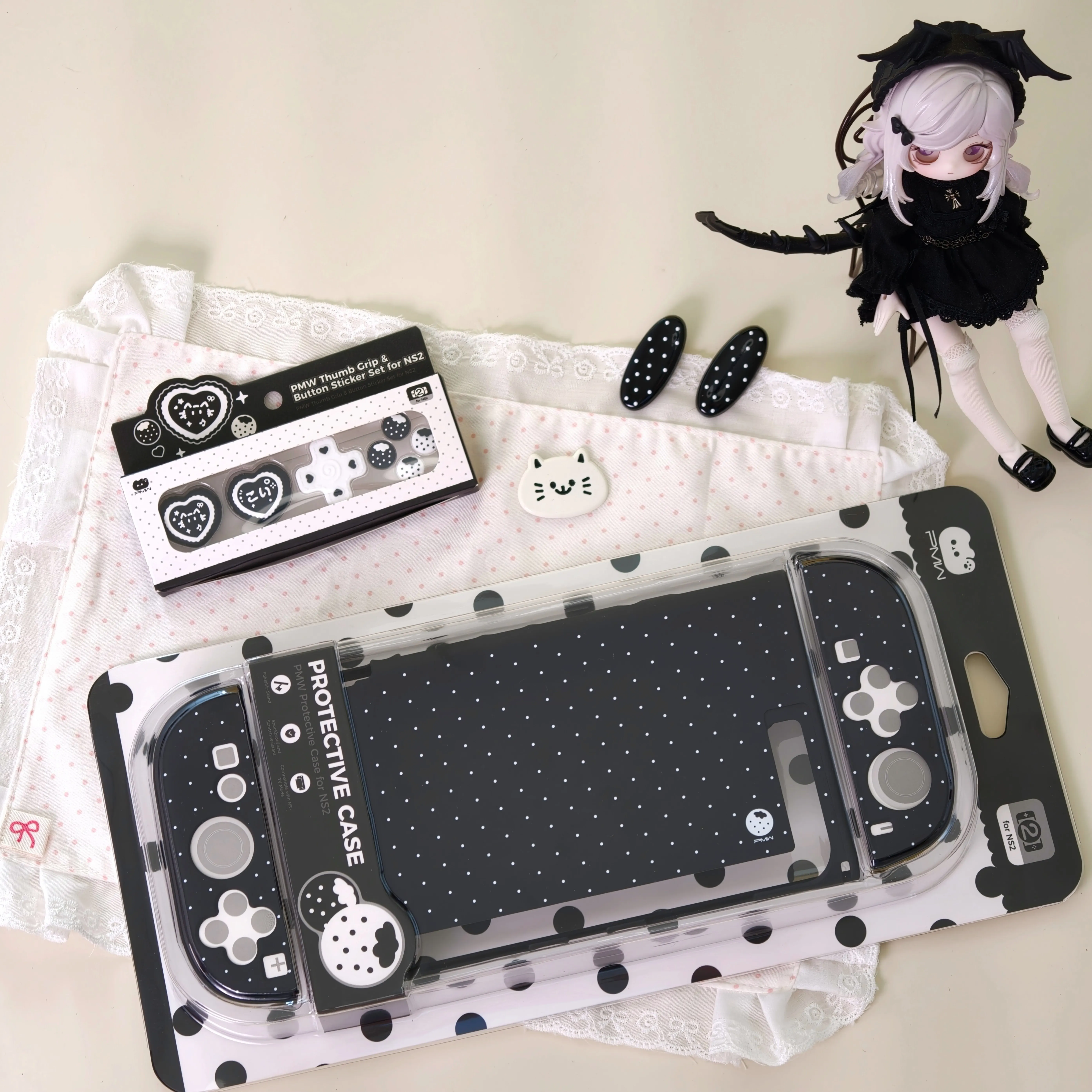 Cute Switch 2 Protective Case Ns2 Pink Polka Dot Hard Shell With Thumb Grip Caps Button Stickers Anti Slip Cover view 5