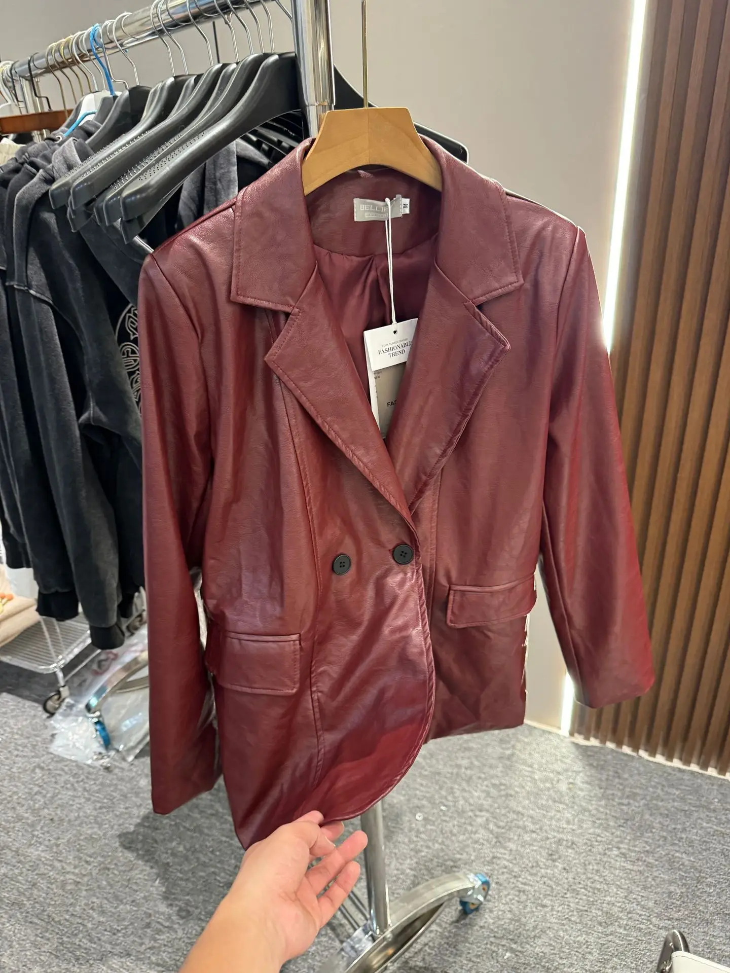 Fashion Vintage Wine red PU Leather Blazer Jacket Women New Autumn High Street Loose Leather Outwear s875