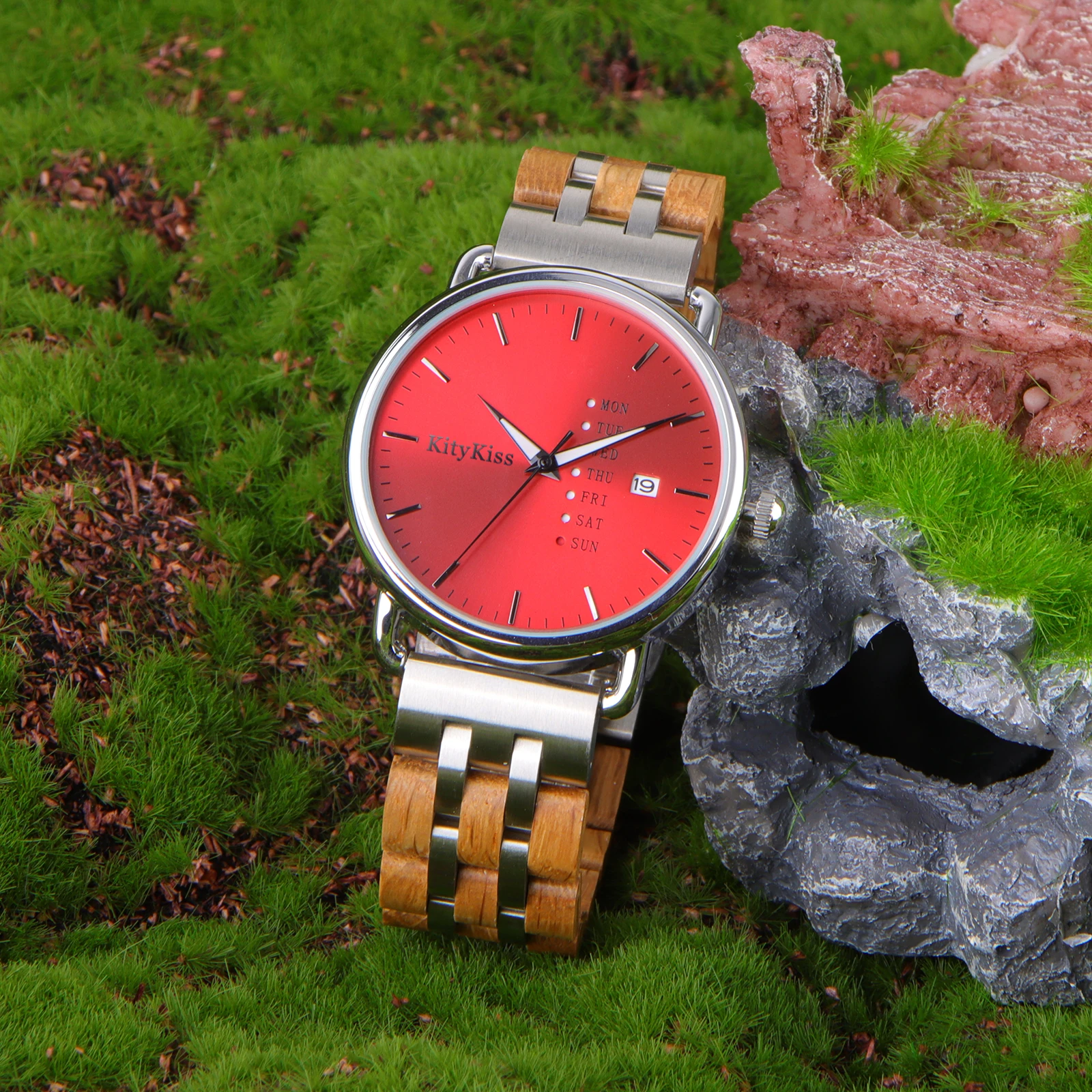 

kitykiss new stainless steel olive wood Watch Business ladies waterproof watch Calendar glow-in pointer wood watch red