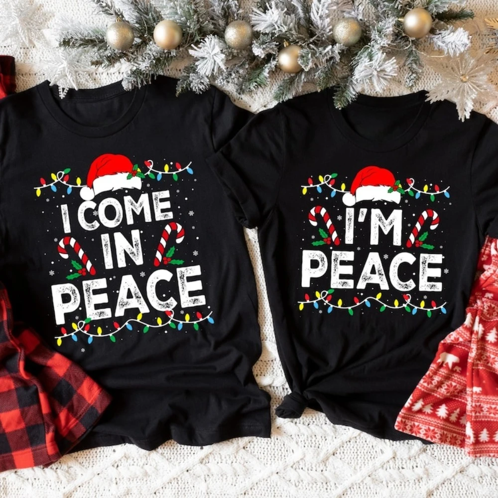 Couples Christmas Shirt I Come in Peace I Am Peace Women Tshirt Couples Funny Matching Ugly Christmas Tee Couples Christmas Tee