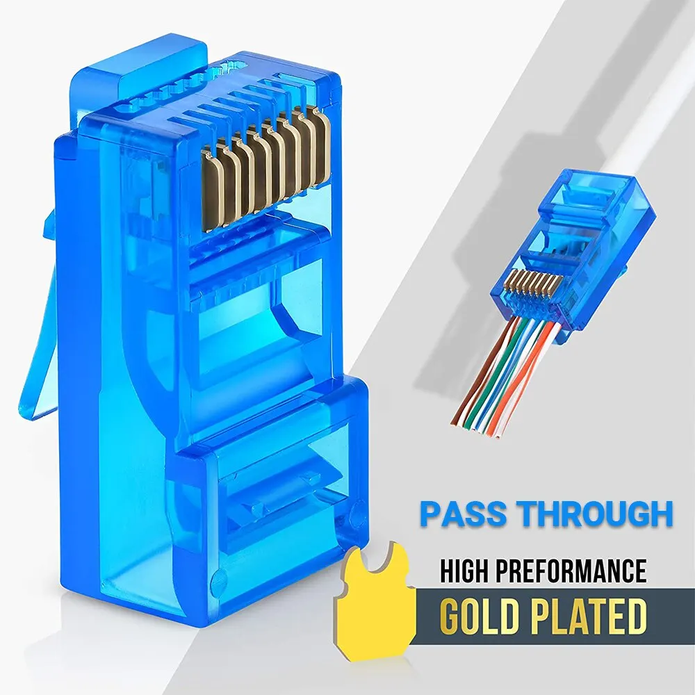 AMPCOM Colorful Pass Through RJ45 Connectors CAT6 CAT5E EZ Modular Plug 3U Gold Plated for Solid and Standard Lan Cables 100Pcs