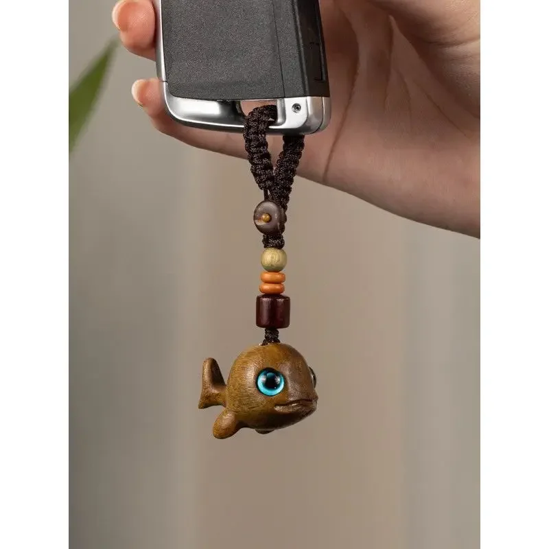 High-Grade Wooden Cute Fish Car Key Ring Pendant Ebony Hand-Knitted Rope Mobile Phone Charm U Disk Pendant Bag Hanging