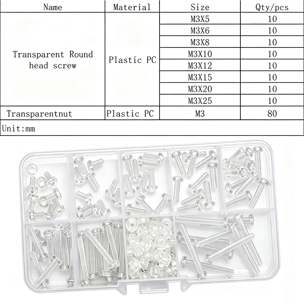 Transparent Pan Head Screw Kit M3 160Pcs Clear Nylon Acrylic Phillips Round Head Bolt and Nut for DIY Electronics Projects