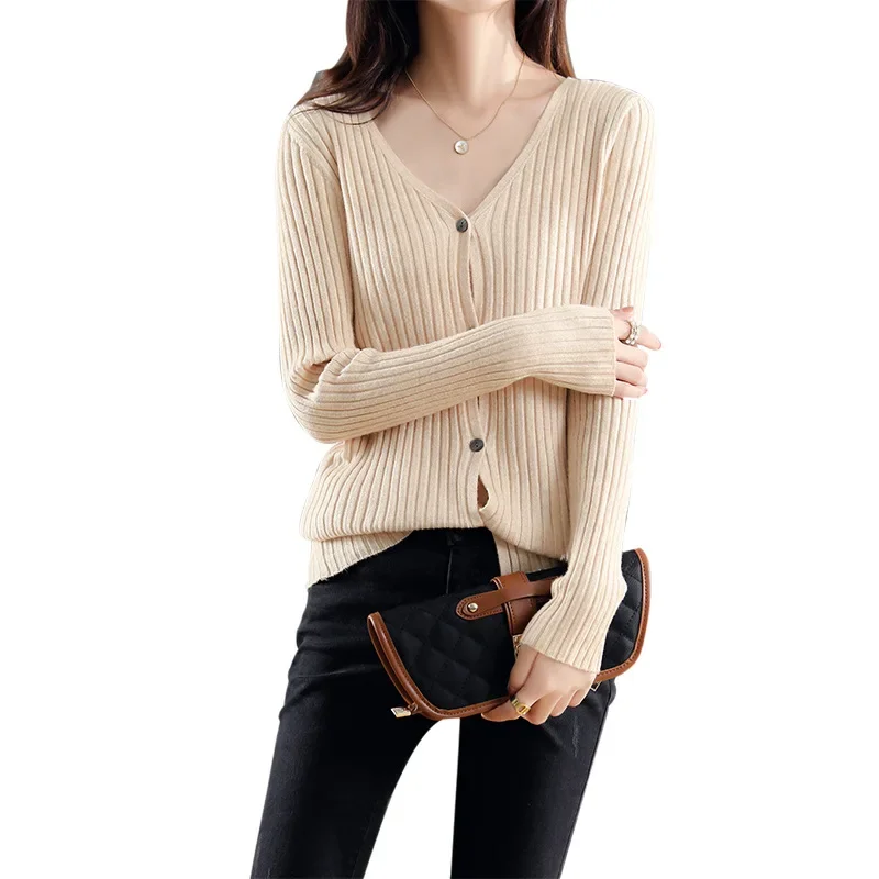 Women Cardigans Spring Autumn Long Sleeve Stripe V-neck Sweater Korean Fashion Single Breasted Knitted Casual Strecth Cardigan