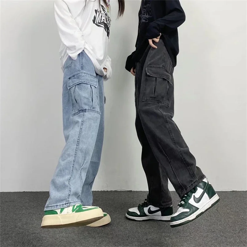 Baggy droit hommes Cargo jean mode Streetwear Hip Hop pantalon large Harajuku Y2K haute rue coréen mâle Denim pantalon