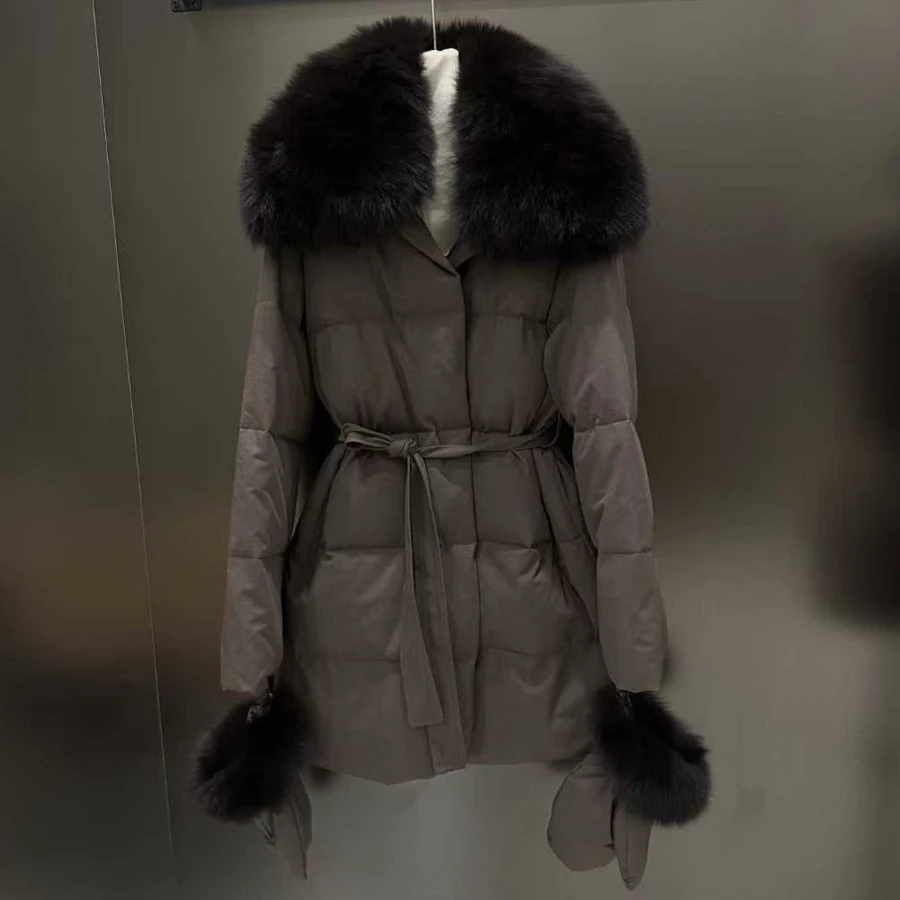 

Long Puffer Down Coat Fox Real Fur Collar Goose Down Jacket Women Winter Warm Down Coats Luxury High Quality