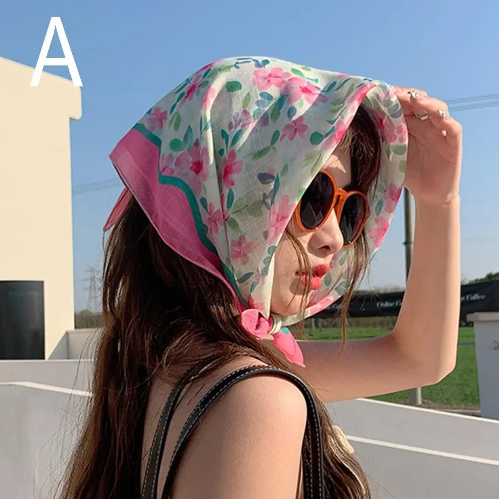 2024 New Small Suapre Silk Scarf Flower Neck Scarves Hair Band Women Cotton Linen Headband Neckerchief Hijab Shawl 58x58cm Soft