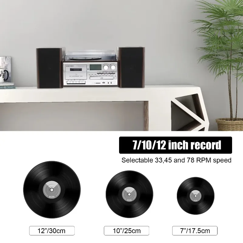 مشغل قرص دوار 3 سرعات AM FM راديو BT USB كاسيت CD جراموفون مشغل سجلات الفينيل مع مكبرات صوت خارجية #5