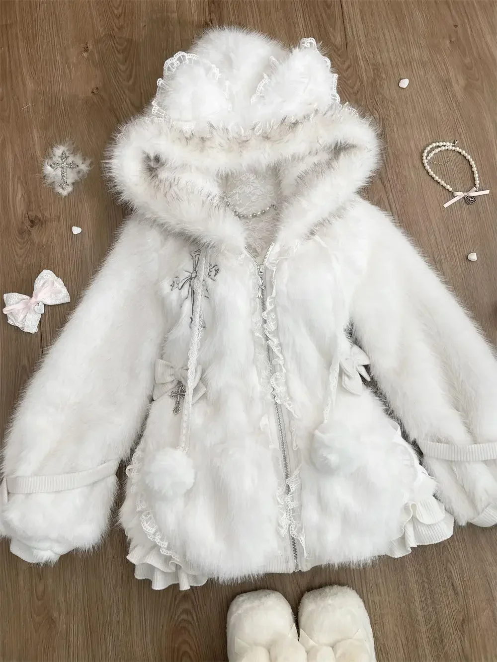 White Princess Sweet Lolita Elegant Coat Woman Y2k Woolen Cute Bow Kawaii Coat Female Hooded Vintage Chic Outfits 2025 Winter