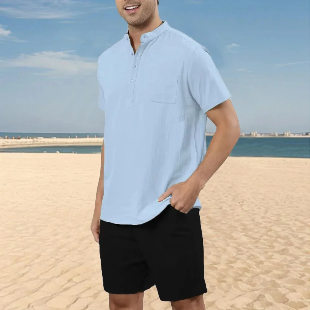 2Pcs Men's Cotton Linen Sets Henley Shirts Shorts Outfits Travelling Beach Vacation Clothing Summer Casual Solid Dailywear