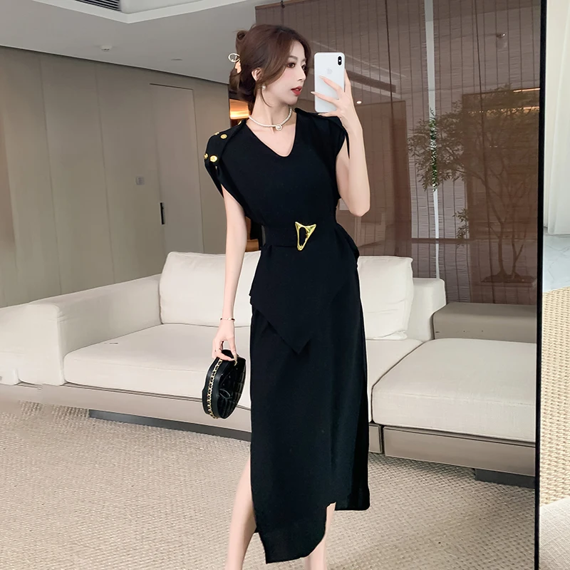 New Elegant Chic Women V Neck Black Midi Dress 2024 Fashion Summer Short Sleeve Irregular Split Ladies Office Belt Long Vestidos