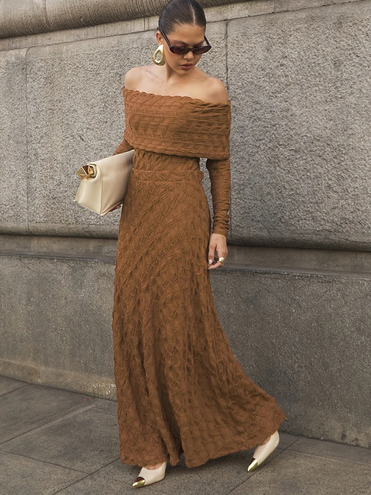 

Nibber Dark Lines 2-Piece Set Women Folds One Shoulder Long Sleeves Crop Tops+Long Skirts Elegant Banquet Commute Skinny Suits