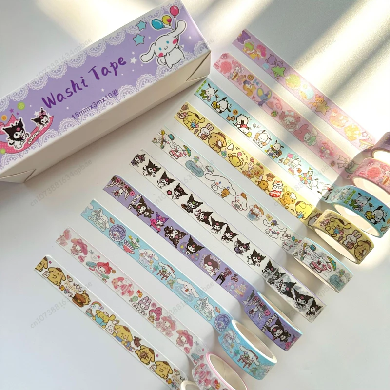 MINISO Kawaii çıkartmalar 10 rulo kutusu Sanrio çıkartmalar Melody mi melodi Cinnamoroll el kitap çıkartmaları el hesabı Sticker çocuk oyuncakları