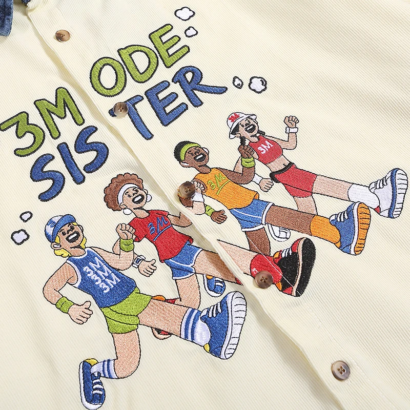 Summer Cartoon Embroidery Short Sleeve Plaid Shirt for Men Harajuku Patchwork Hip Hop Overalls Streetwear Vintage Loose Tops Tee