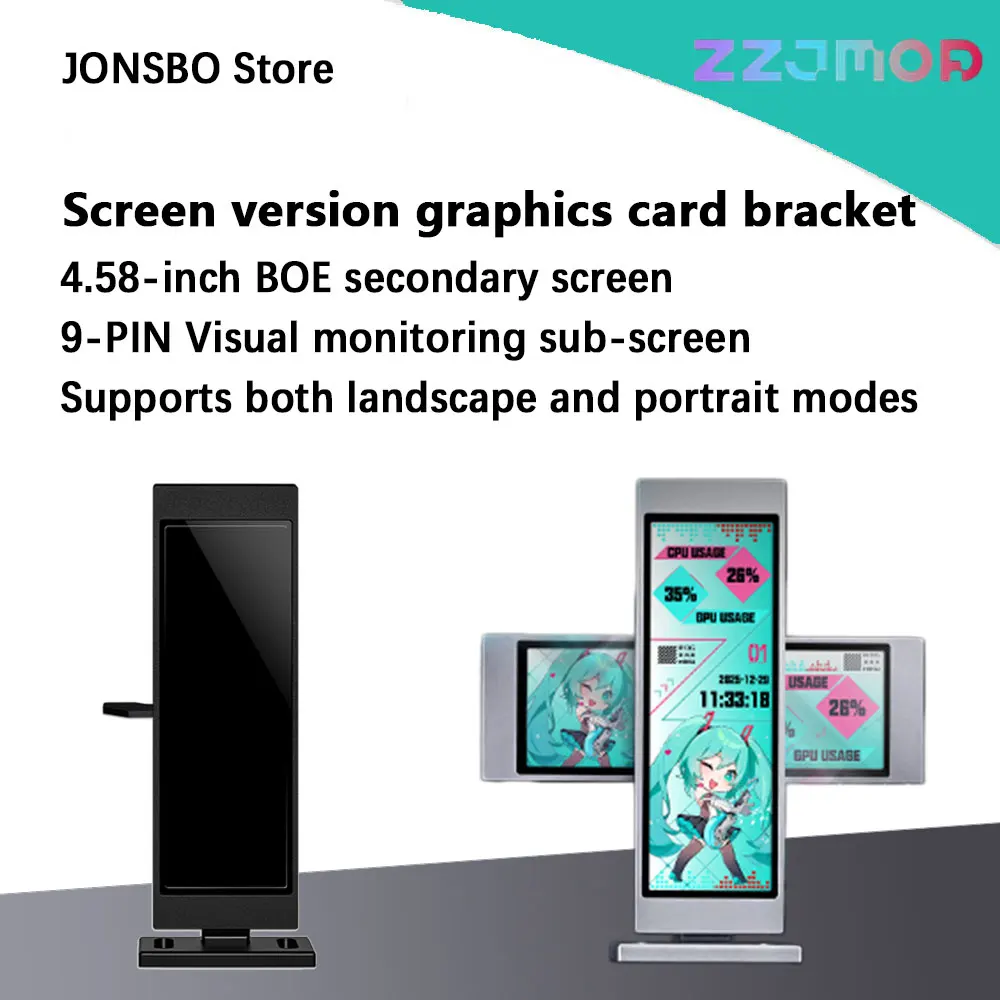 ZZJMOD 4.58-Inch GPU Holder Sub-screen Visual Monitoring Adjustable Horizontal Vertical Colorful Information Screen for PC Case