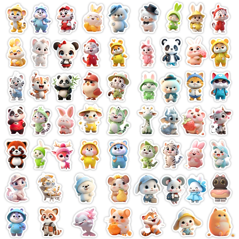 10/30/60pcs 3D Animal Stickers Kawaii Cartoon Critter Anime Cute Pet Tiger Panda Rabbit DIY Sketch Gift Phone Laptop Waterproof