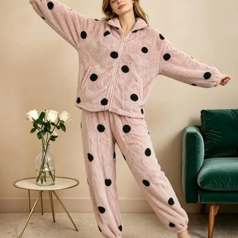 Women Casual Polka Dot Sleepwear Pajamas Set 2Pcs Ployester Shirt&pants Nightwear Long Sleeve Home Wear Mandarin Collar Nightie