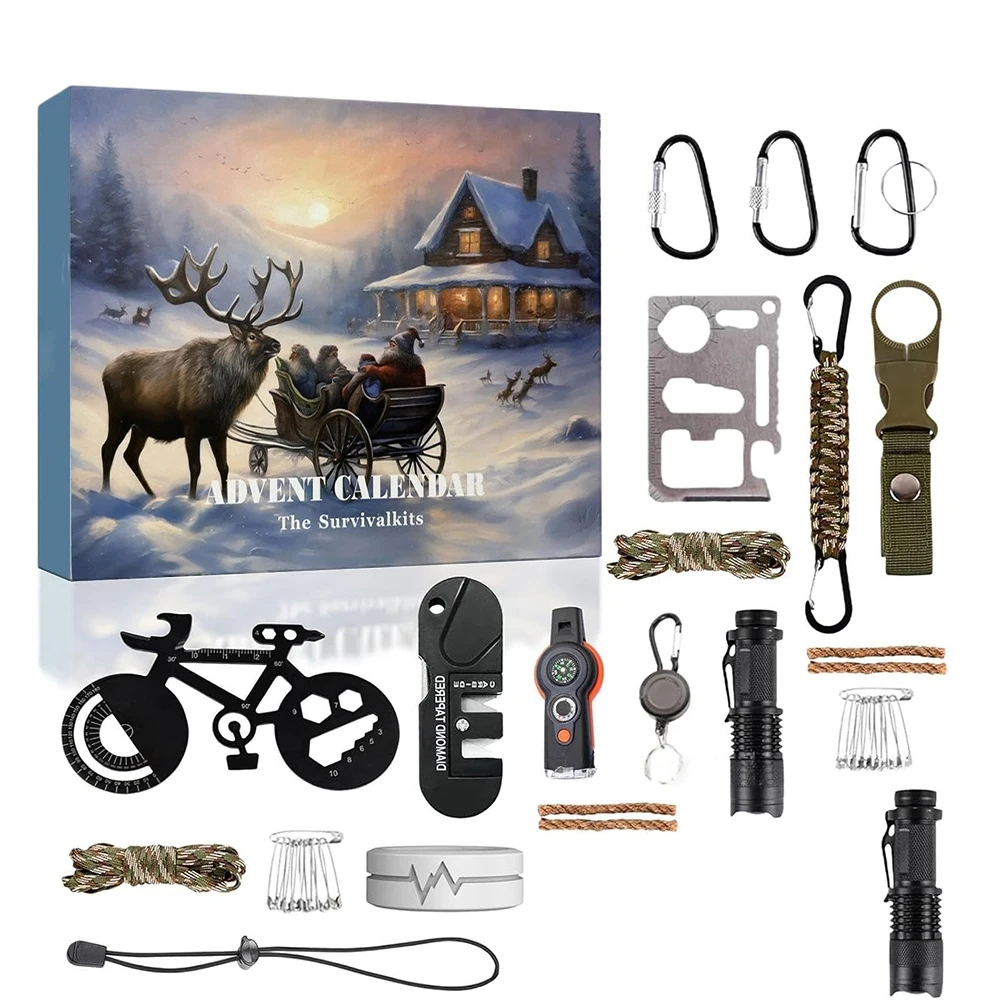 

24 Day Christmas Countdown Survival Kit for Men Adult with Cool Gadgets Survival Kit Advent Calendar for Outdoor Camping Fishing