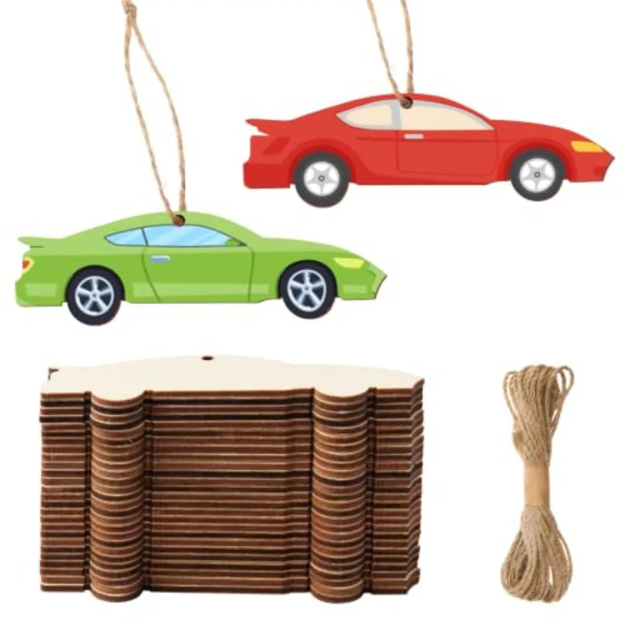 48 Pcs Wooden Race Cutouts Unfinished Sport Shape Ornaments Blank Wood Slices with 32.8 Feet Twine for DIY Craft Tags Transport