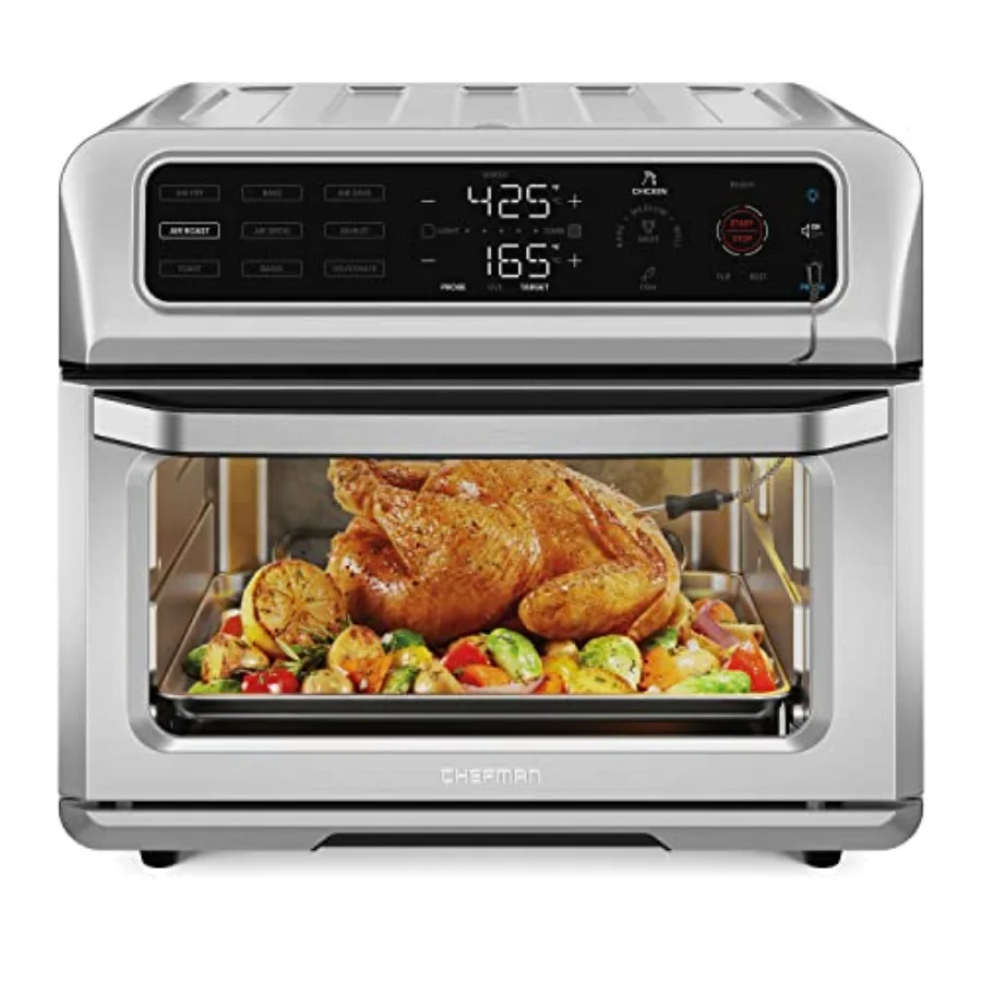 

Air Fryer Toaster Oven Combo for cooking baking toasting roasting; stainless steel; silver; 12-in-1 functionality probe thermom