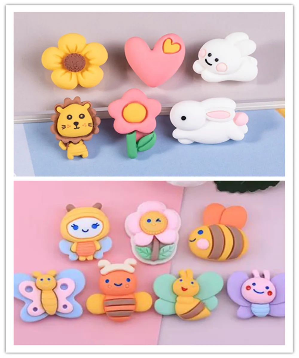 Kawaii Cartoon Flowers Lion Rabbit Butterfly Bee Flatback Resin Cabochon Fit Phone Decoration DIY Jewelry Accessories Scrapbook