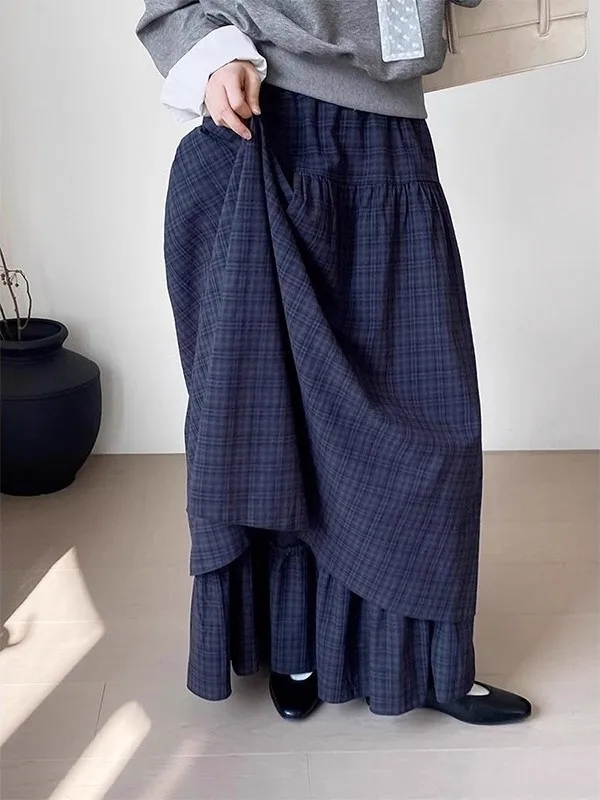 

Retro Japanese Sle High Waist A-Line Skirt with Double Layer Plaid Design for Women Autumn Season Casual Wear
