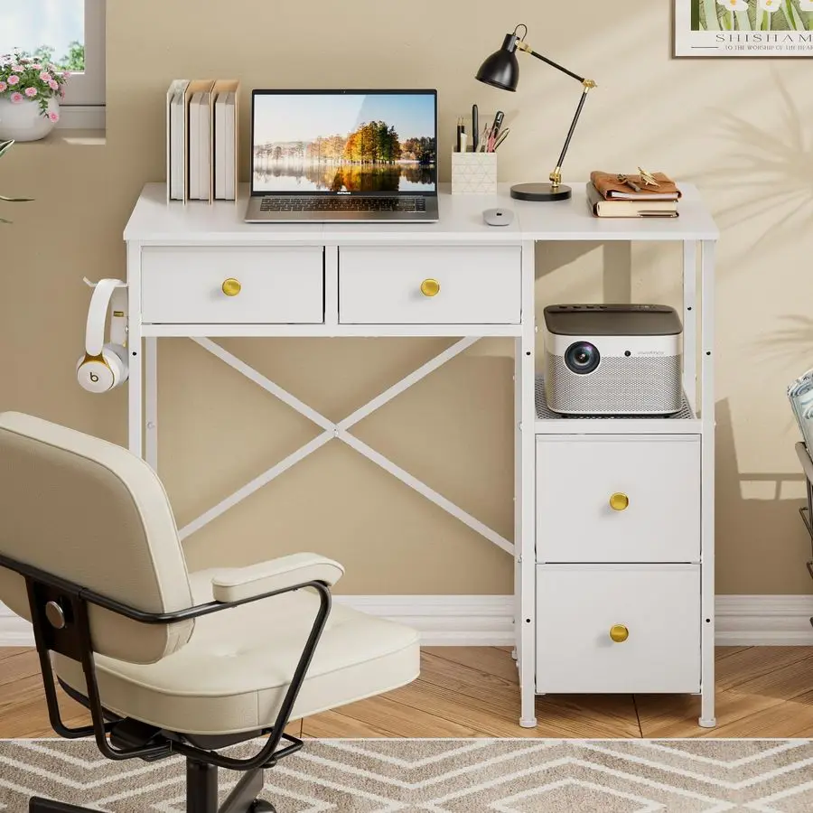 Computer Desk with 4 Fabric Drawers, Simple Writing Desk for Home Office, Compact Study Desks for Small Spaces, Kids Desk Study