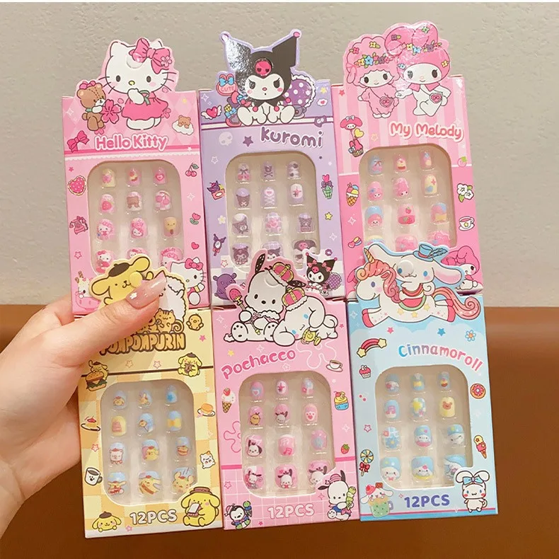 12pcs New Kids False Nails Kawaii anime nails kuromi, hello kitty Cute Girls Press On Fake Nails Short Child Cartoon False nails