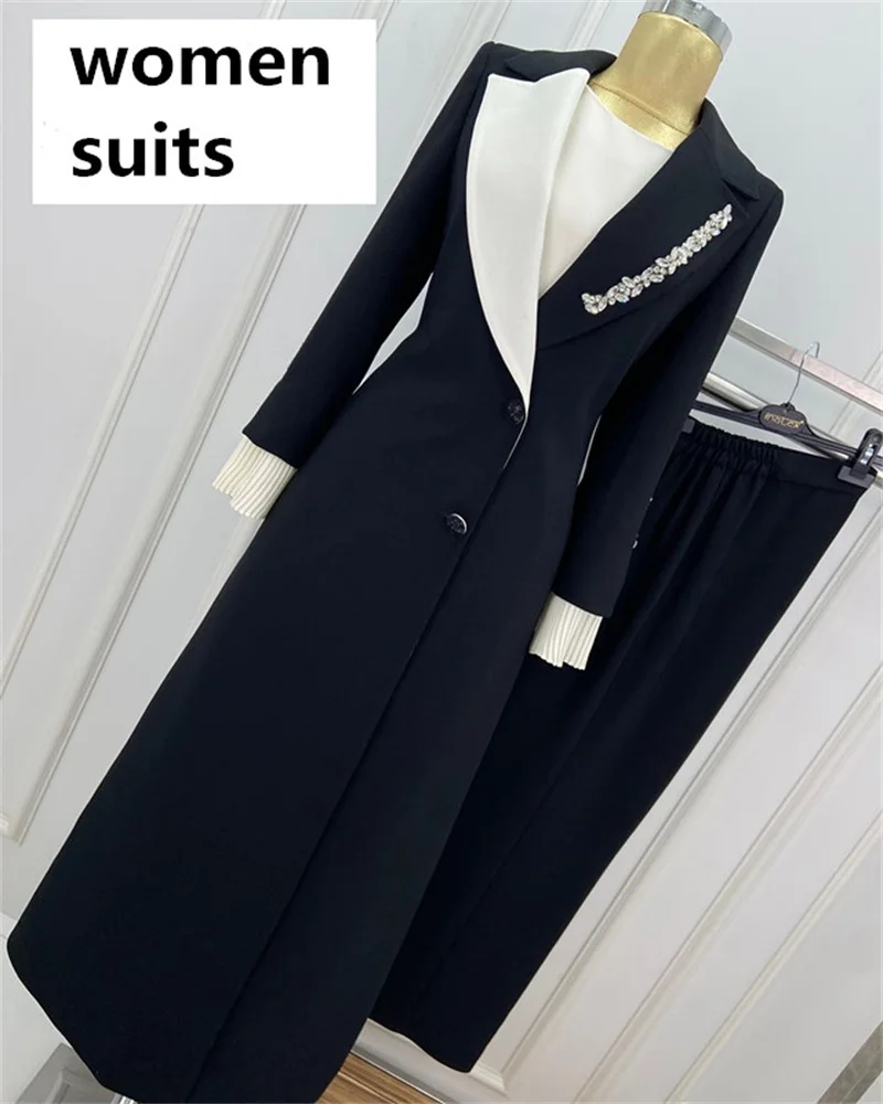 Crystals 2 Pieces Women Suits Set Long Blazer+Pants Formal Office Lady Jacket Prom Dress Wedding Tuxedo Coat Custom Made