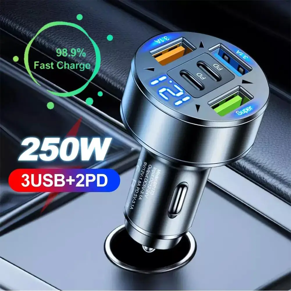

250W 5 Ports Car Charger Fast Charging PD QC3.0 USB C Car Phone Charger Adapter With Voltage For IPhone V1B2