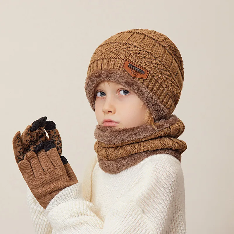 1 مجموعة الشتاء الأطفال طفل قفازات متماسكة قبعة وشاح 3 قطعة دعوى في الهواء الطلق يندبروف المخملية الدافئة الاطفال الفتيان حلقة الخمار القبعات والقبعات #3