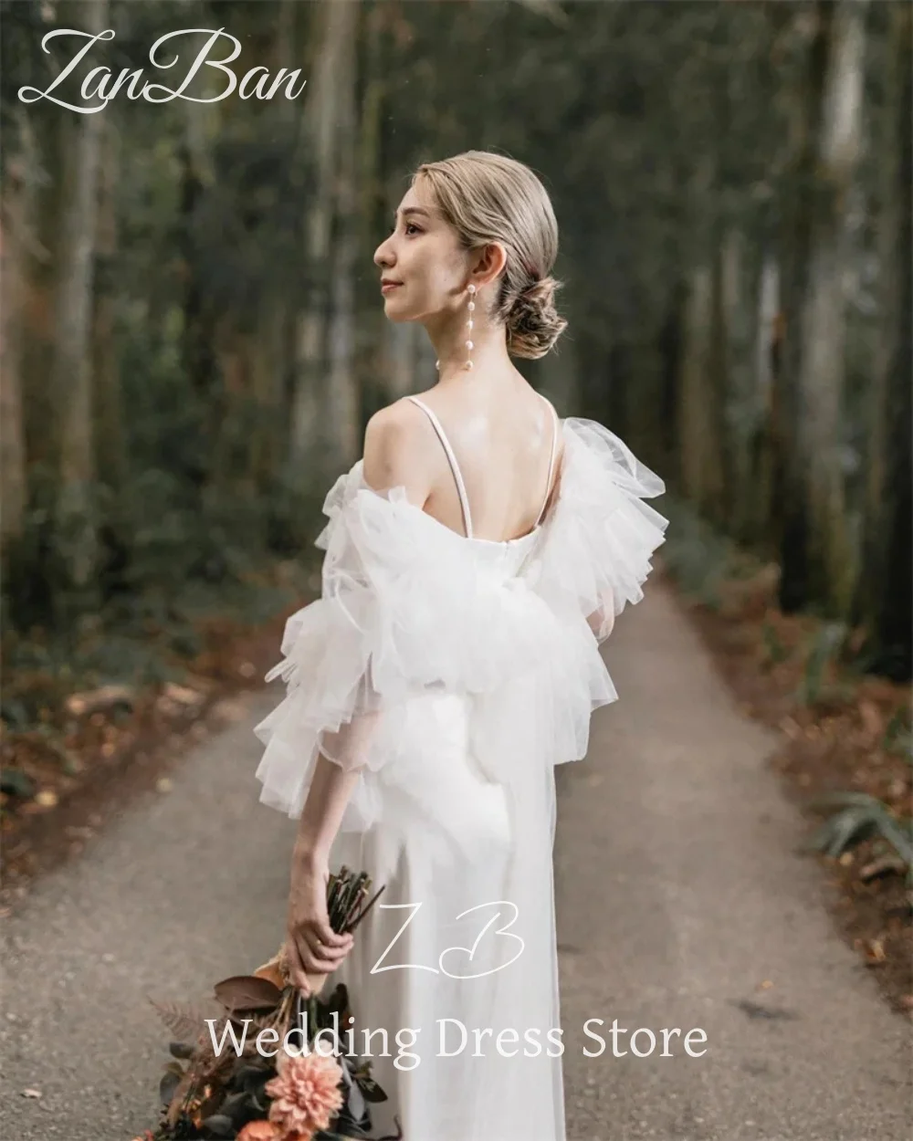 ZanBan Elegant Spaghetti Straps Silk Satin Korea Wedding Dresses Customised Puff Long Sleeves Bridal Gowns Garden Custom Made