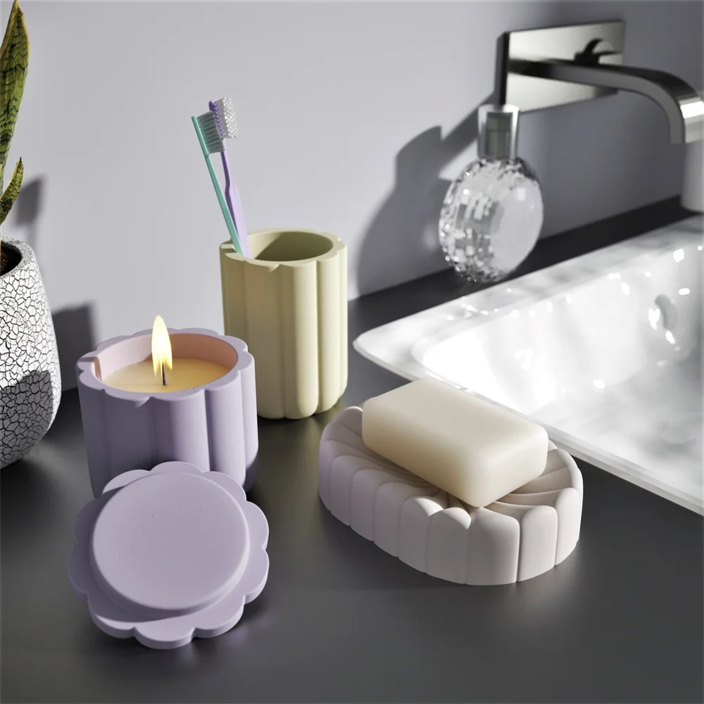 

Boowan Nicole Bathroom Accessories Set Cement Silicone Mold Concrete Soap Dish Toothbrush Candle Jar Holder Mould Bathroom Decor