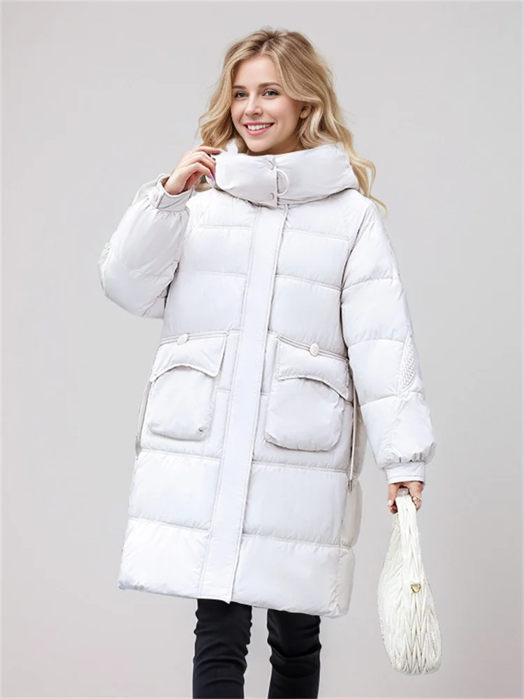 Oversize Woman Down Jacket Winter Long Coat 2024 New Hooded Big Pockets Thick Zipper Coat Woman Winter Overcoat