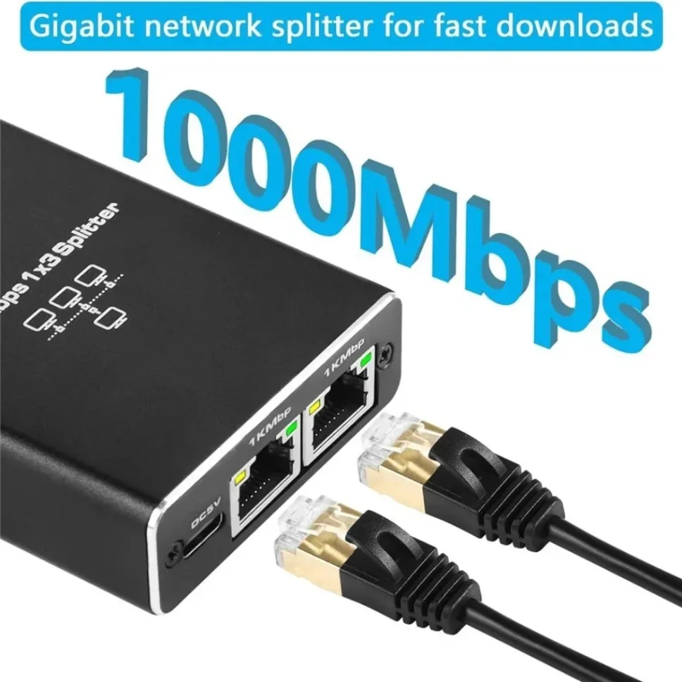Splitter Gigabit 1000Mbps RJ45 1 ke 3 Adaptor Ethernet Konektor LAN Pembagi Jaringan untuk PC Laptop TV Box Router TV Digital