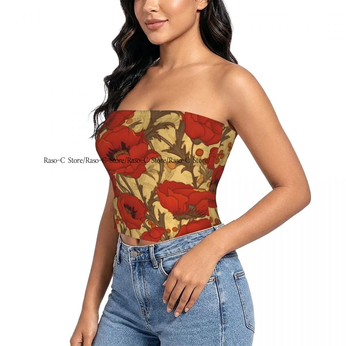 Women strapless blouses sleeveless Red Poppies Illustration halter-neck sexy short-sleeved blouses