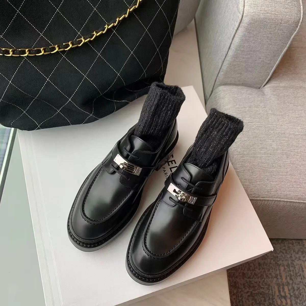 

Women's Genuine Leather Thick Bottom 6cm Heel Grape Mom Comfortable Flats Rubber Sole round Toe British Style Silver Buckle