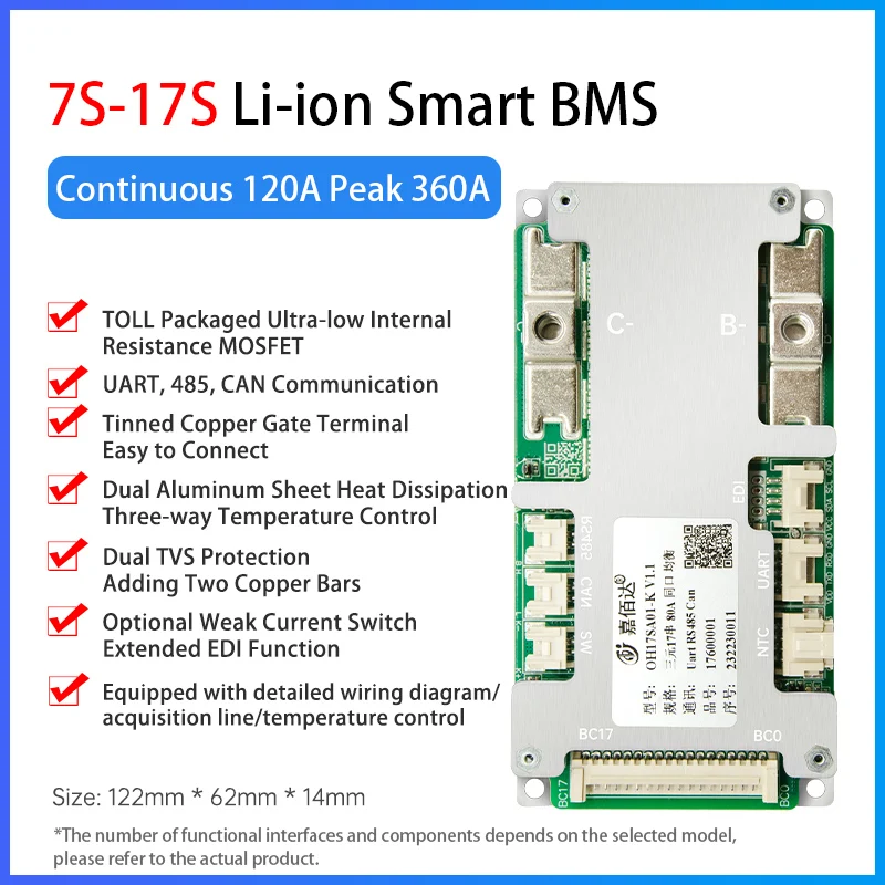 JBD OH17SA01 7S-17S 8S 24V 9S 10S 11S 13S 14S 36V 15S 16S 48V 40A-120A Smart BMS LiFePO4 Li-ion met UART RS485 KAN JR EDI