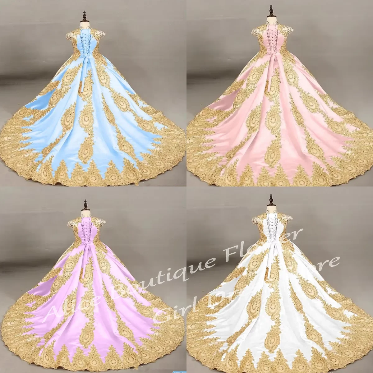 

Gorgeous Flower Girl Dresses Golden Lace Beads For Wedding Pageant Gown Sleeveless lace Appliques Holy Communion Dresses