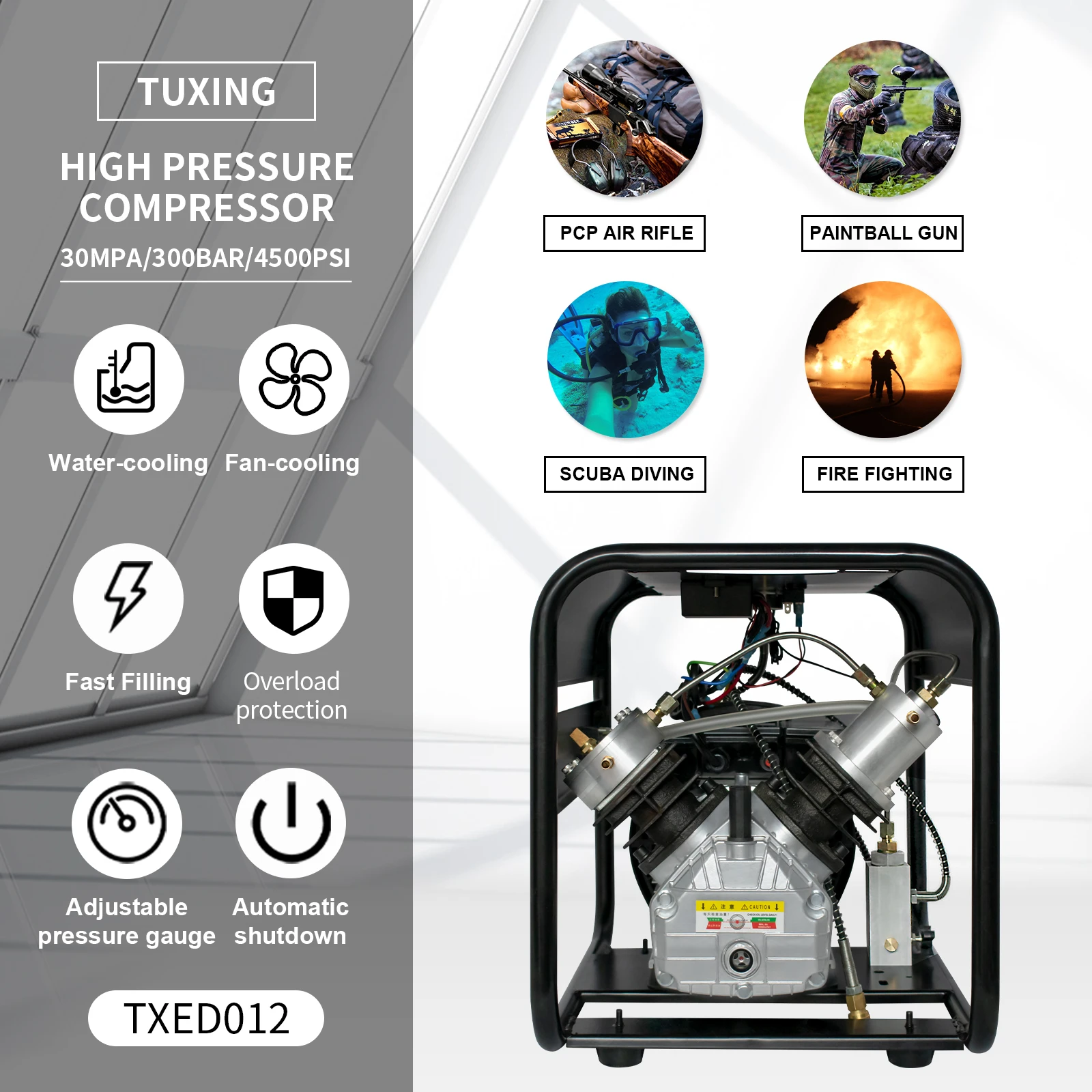 Compresor de aire PCP TUXING TXED012 de 300 bar y 4500 psi de alta presión con presión establecida para llenado de PCP para buceo con rifle de aire