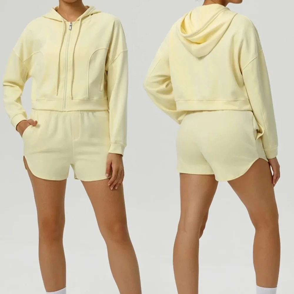 

Autumn High Waist Hooded Zipper Yoga Jacket Women Solid Pockets Long Sleeve Fitness Sports Hoodies Casual Loose Gym Workout Tops