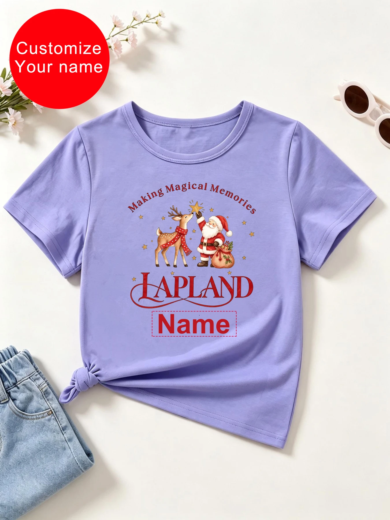 Customize Your Name Going To Find Santa In Lapland Santa Claus Reindeer Printed T Shirt Girls/Boys Christmas Gift T-Shirt